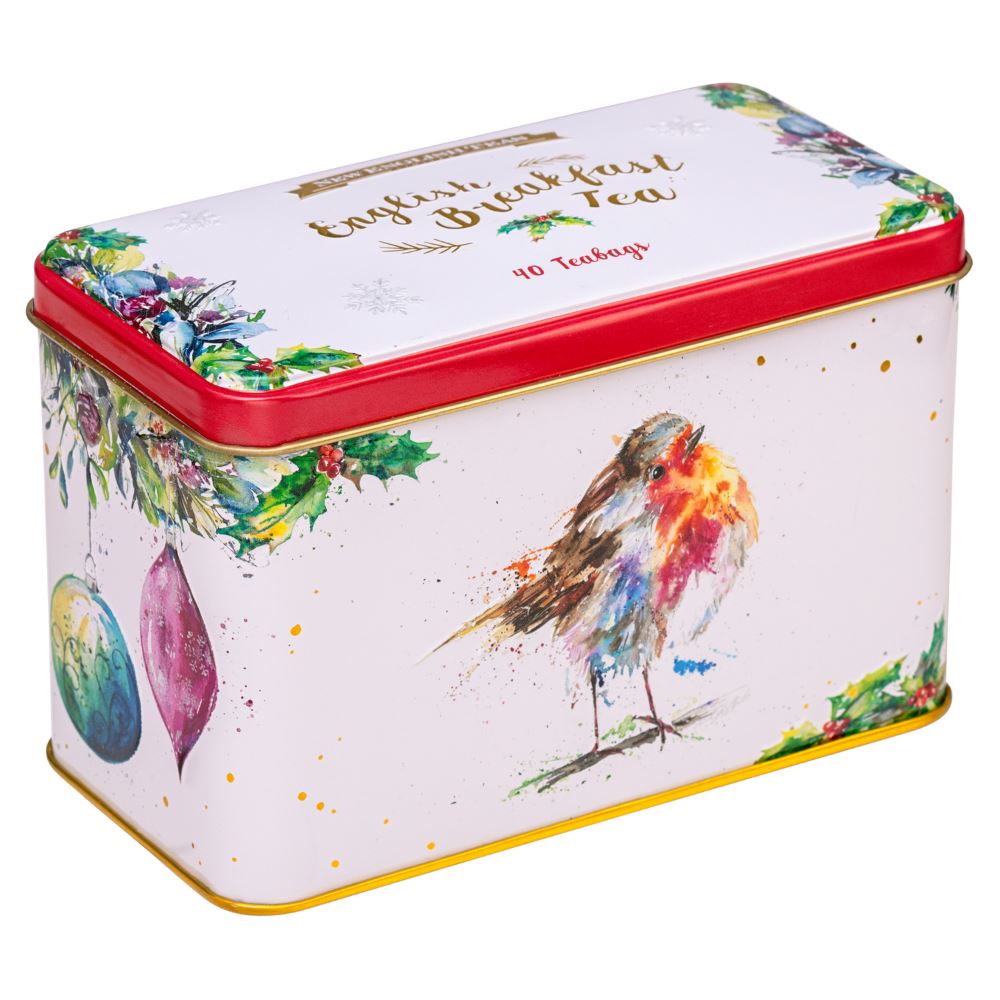 Christmas Robin Tea Tin with 40 English Breakfast Teabags Black Tea New English Teas 