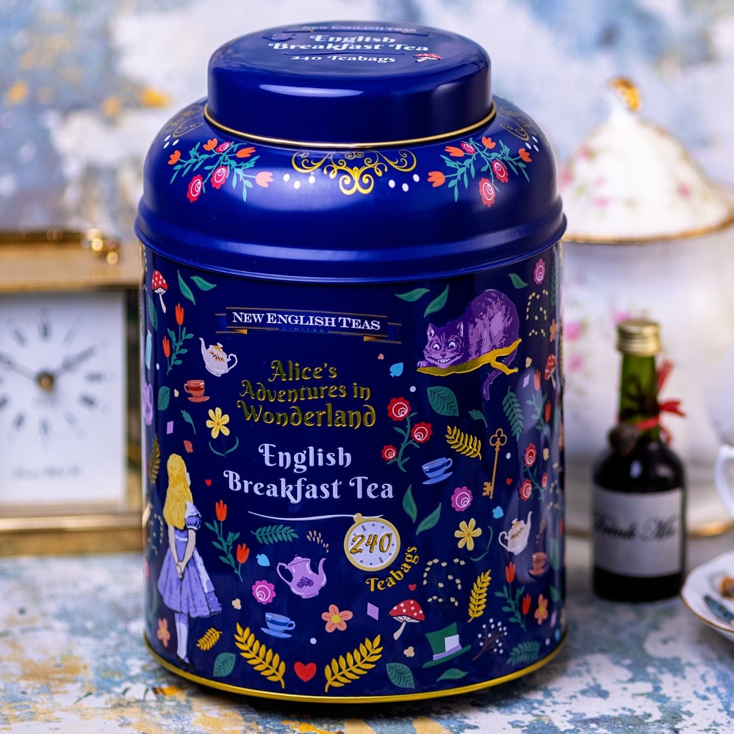 Midnight Alice in Wonderland Tea Caddy with 240 English Breakfast Teabags Black Tea New English Teas 