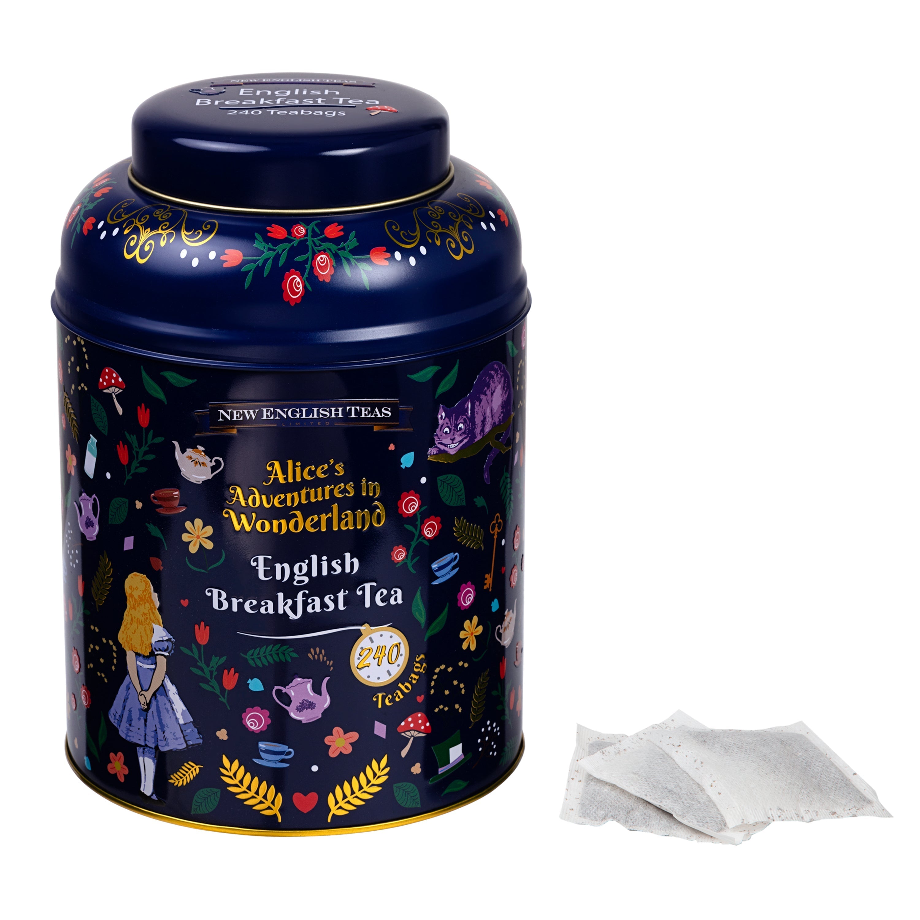 Midnight Alice in Wonderland Tea Caddy with 240 English Breakfast Teabags New English Teas 