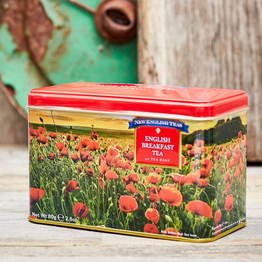 Poppy Tea Tin with 40 English Breakfast teabags Black Tea New English Teas 