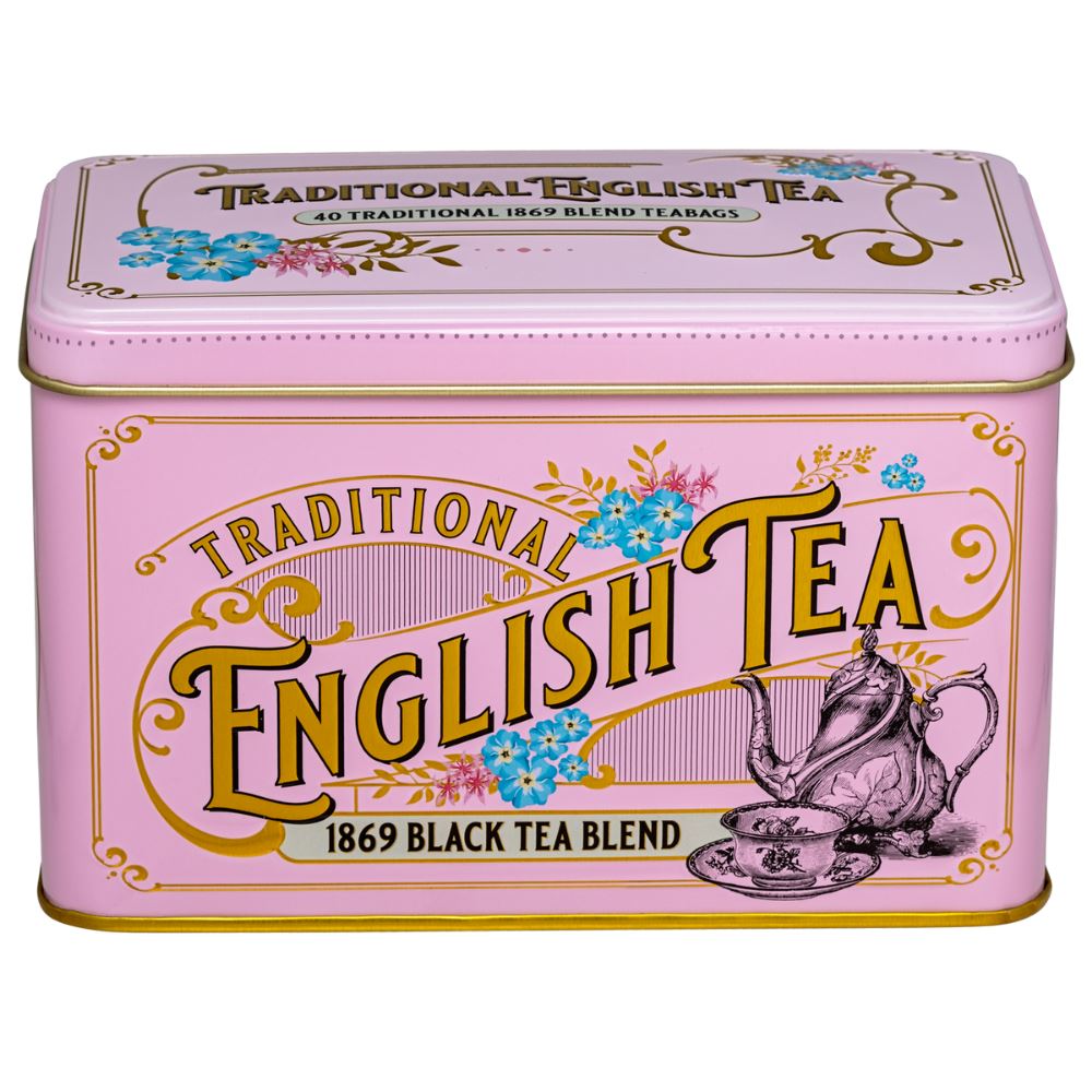 Vintage Victorian Rose-Pink Tea Tin with 40 1869 Blend Teabags Black Tea New English Teas 